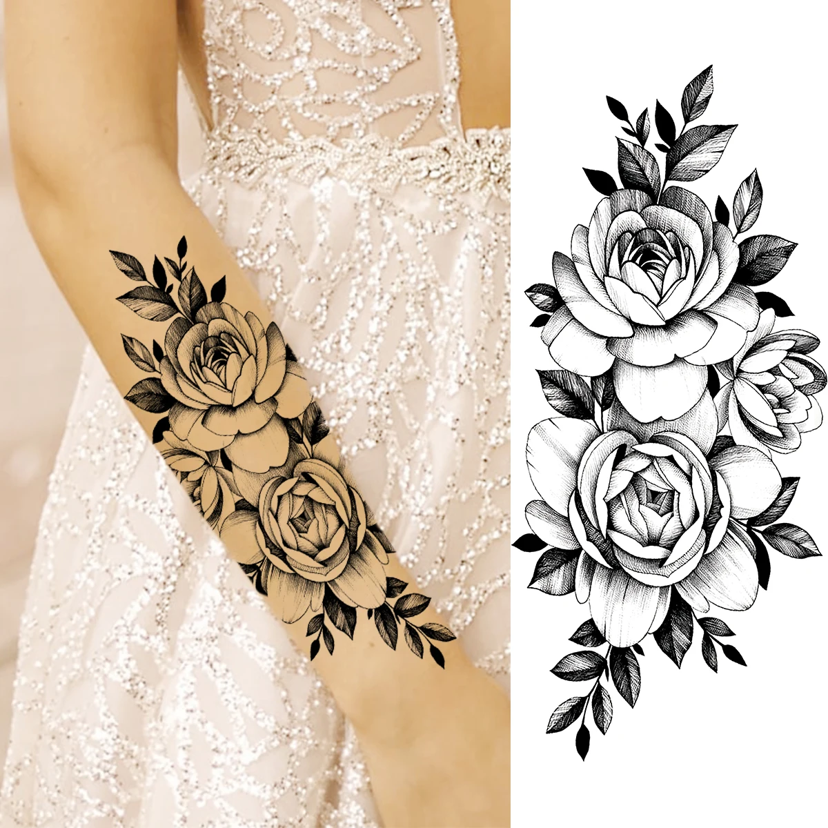 Realistic Rose Flower Fashion Arm Temporary Tattoos For Women Adult Peony Dahlia Butterfly Fake Tattoo Body Art Washable Tatoos | Красота и