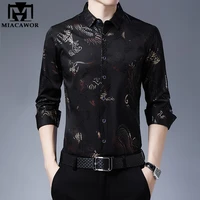 2021new dress shirts men slim fit chinese dragon print silk shirt spring long sleeve casual shirts camisa masculina c725