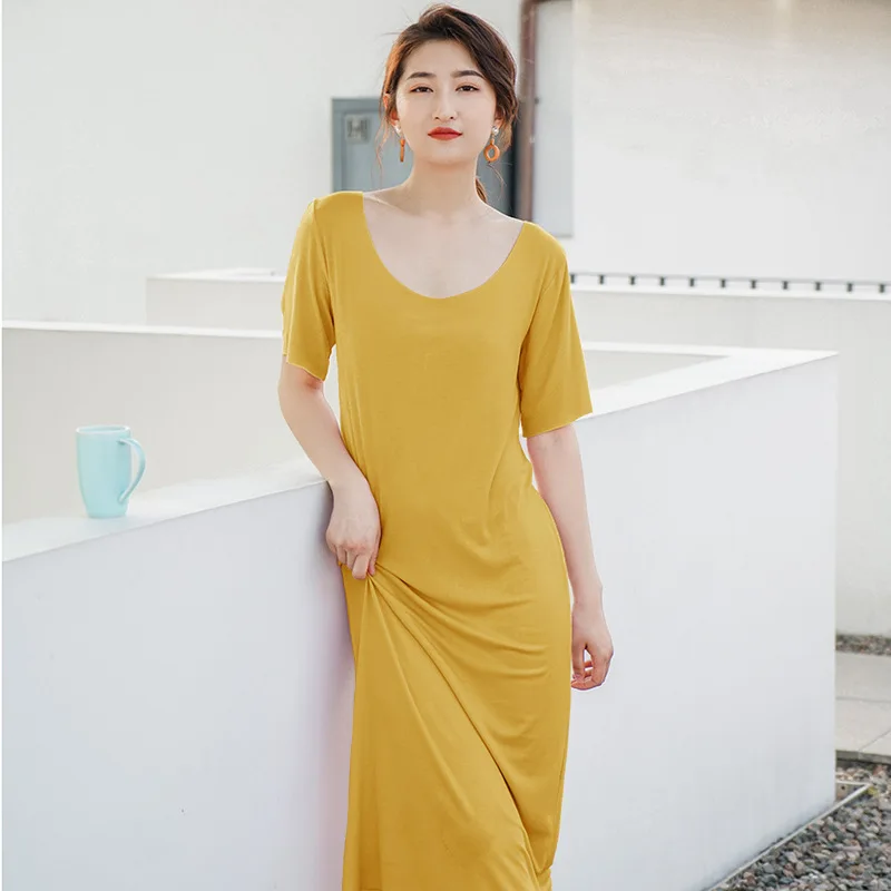 New Summer Autumn Modal Slim Round Neck Nightgown Solid Color Long Skirt Women's Nightdress Home Wear Comfortable Soft Nightwear