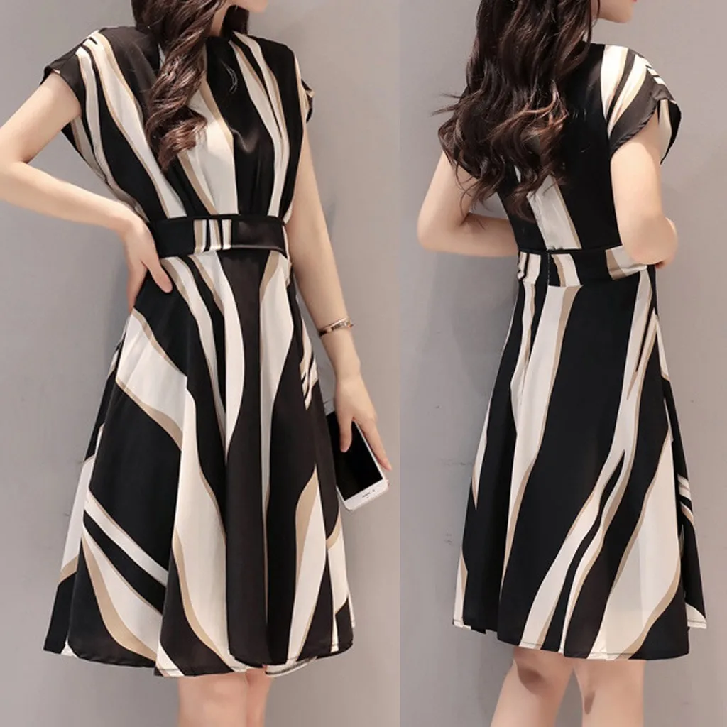 

Elegant Ladies Business Formal Wear Belt O-neck Short Sleeve Printed Knee-length Dress Fashion A-line Dress