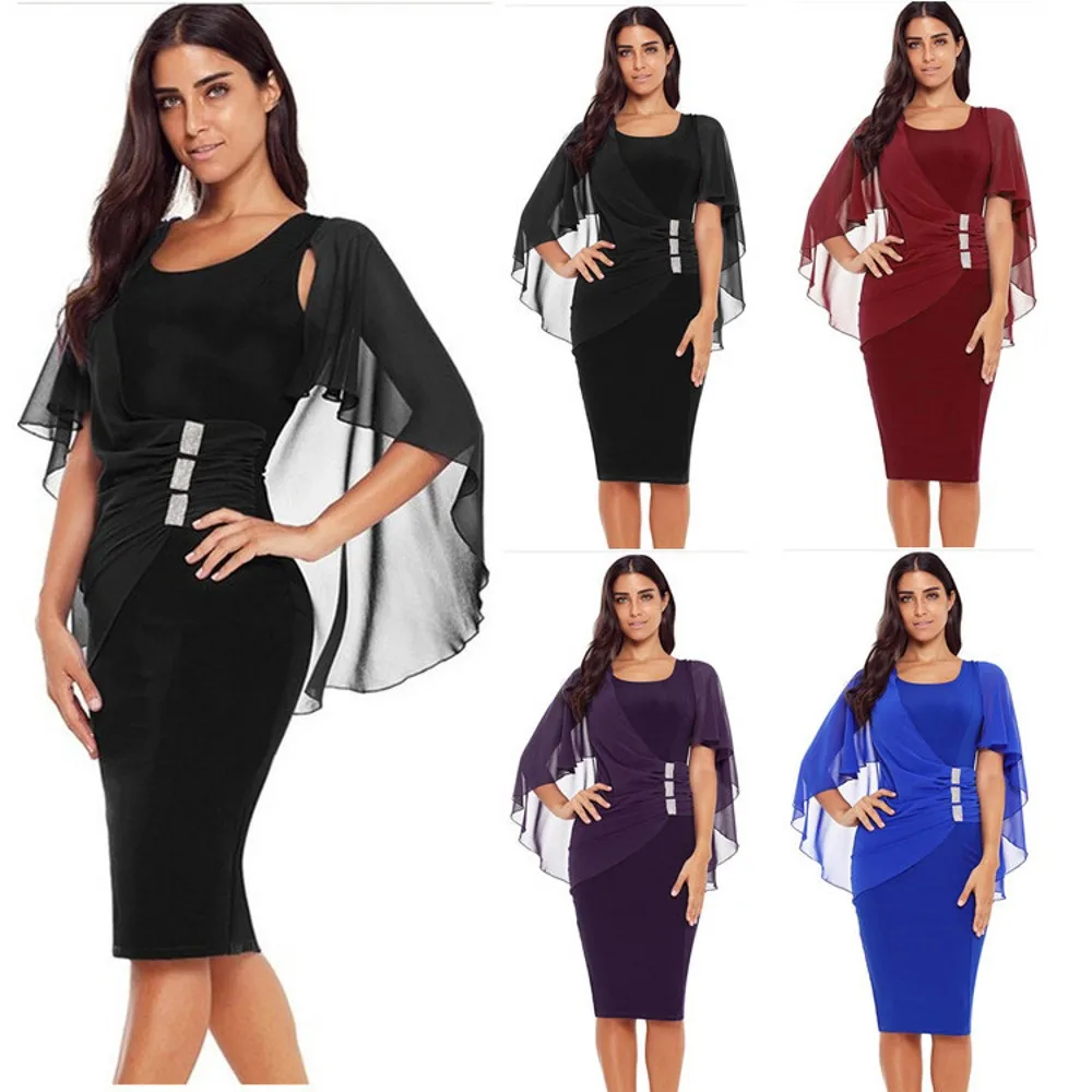 Blue Simple Cocktail Dresses Knee Length Formal Lady Stretch Dress With Chiffon Shawl Burgundy Black Purple Women Cheap | Свадьбы и