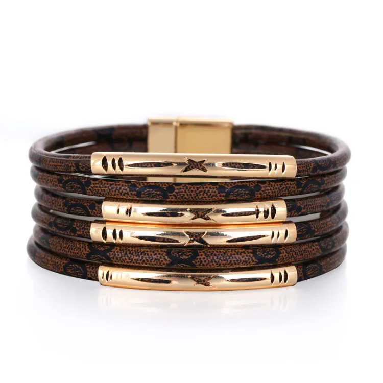 

ORNAPEADIA Multilayer Leather Magnet Buckle Bracelet Soft Leather Pattern Bracelet Copper Tube Exaggerated Luxury Jewelry Women