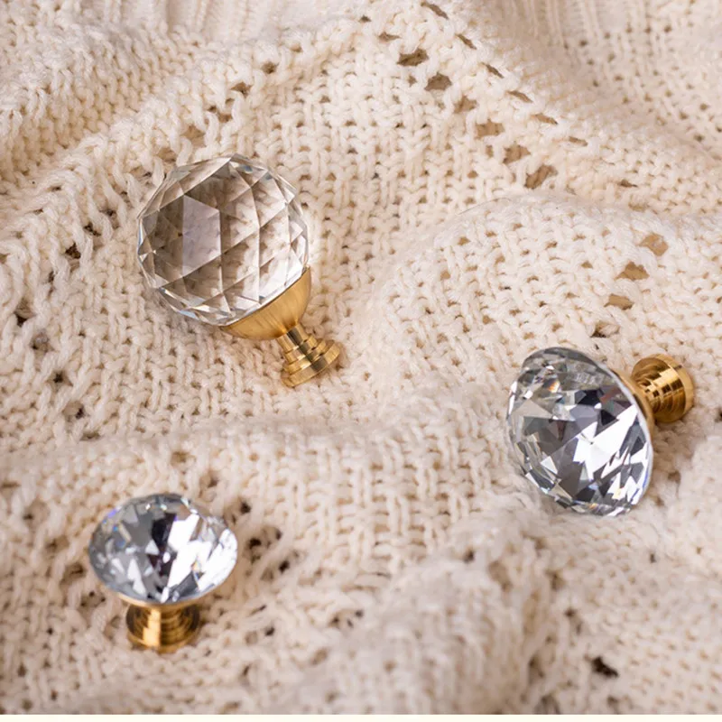 

25mm 30mm 40mm Brass + K9 Crystal High-End Knob Drawer Wardrobe Cabinet Round Handle Modern Simple Golden Light Luxury