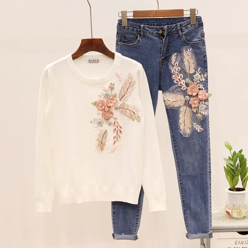 Модный вязаный свитер женский 2019 весна осень новый вышитый цветок длинный рукав