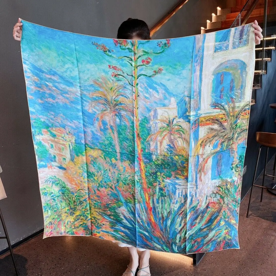 

100% саржевый шелковый шарф, женская мода, картина маслом, дом на дереве, шаль, хиджаб, Песочная моющаяся бандана 105*105 см