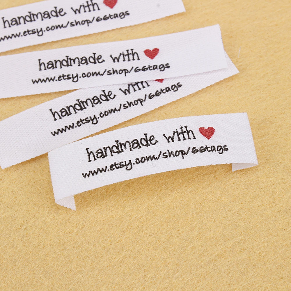 

Custom Sewing Labels, Personalized Tags, Name, Brand, White Fabric, Love Heart, Store Link (MD5063)