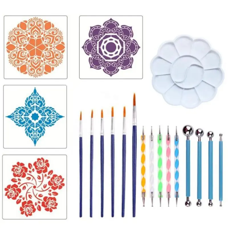 

20pcs/set Mandala Dotting Drawing Pen Tools Set for DIY Painting Brush Craft Stencil Paint Tray High Quality