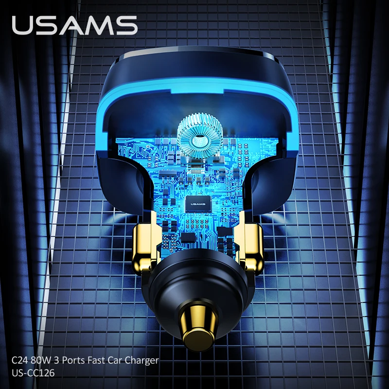 USAMS 80W USB A C 3 порта QC PD Быстрая зарядка Автомобильное зарядное устройство для iPhone 13