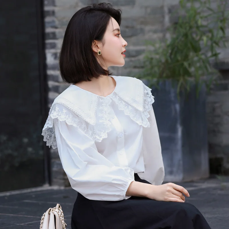 

Женская хлопковая рубашка с длинным рукавом и кукольным воротником