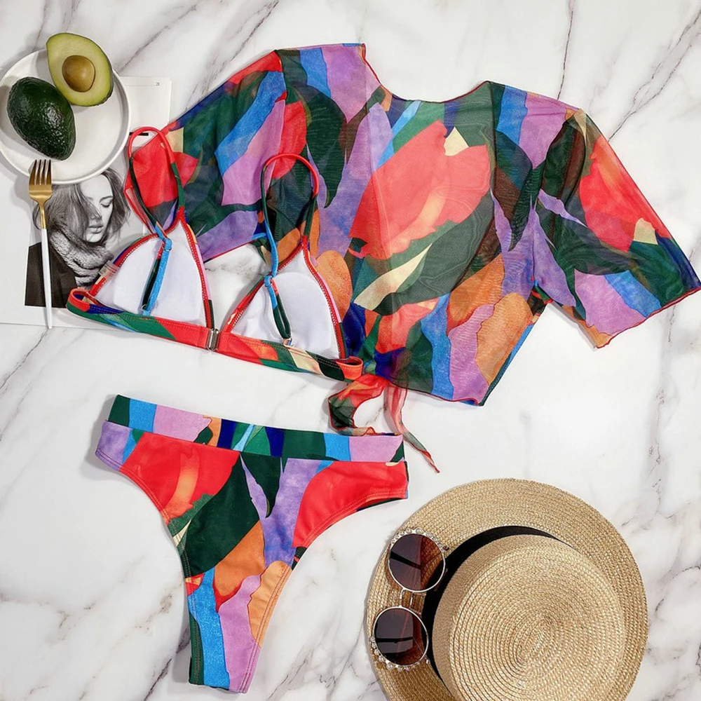 

Swimwear Women Print 3 Piece Swimsuit Spaghetti Bikinis Set Short Sleeve Mesh Tie Up Crop Top Women Casual Chic Beach Swimwear