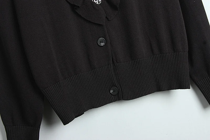 

Vintage 2020 Women Autumn Short Cardigan Female V-neck Coat Runway Black Long Sleeve Ruffles Casual Knitted Fashion Outwear