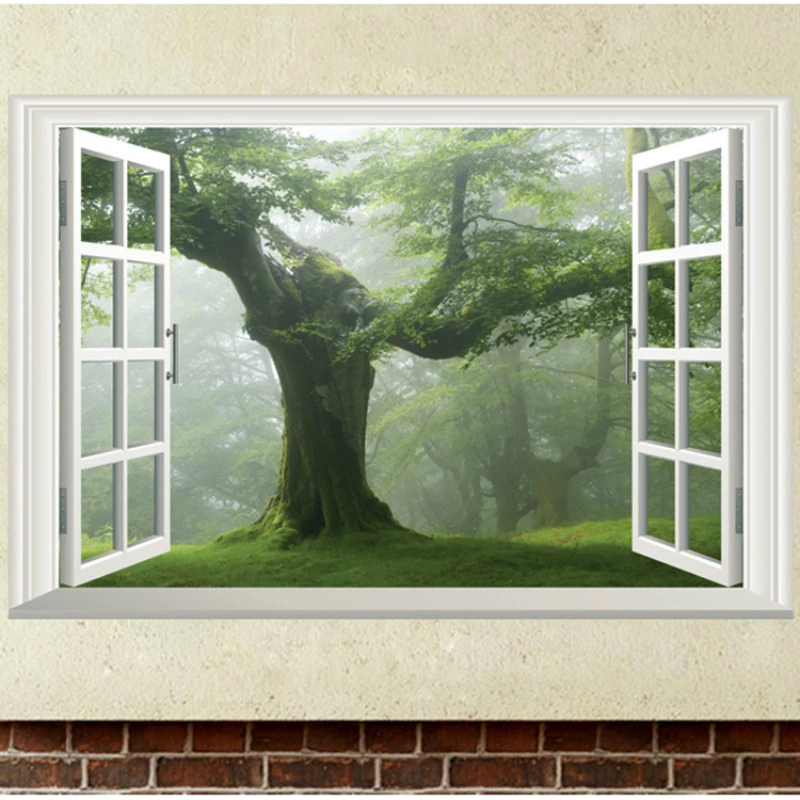 Зеленые настенные наклейки с видом из окна обои для гостиной спальни фона телевизора и дивана декоративные | Wall Stickers -32914845506