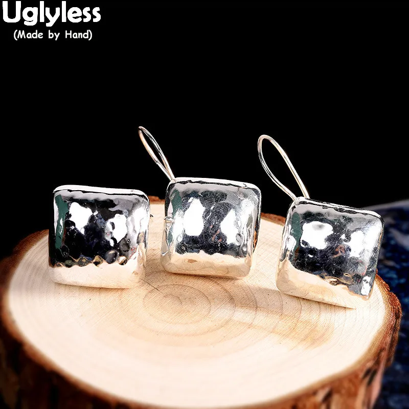 

Uglyless Novel Heavy Silver Square Earrings Rings Sets Women Real 925 Silver Jewelry Sets Creative Knocking Face Fashion Jewelry