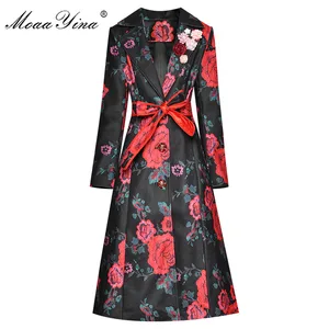 Женская ветровка с цветочным принтом MoaaYina, длинная однобортная ветровка с длинным рукавом и аппликацией, подиумное пальто