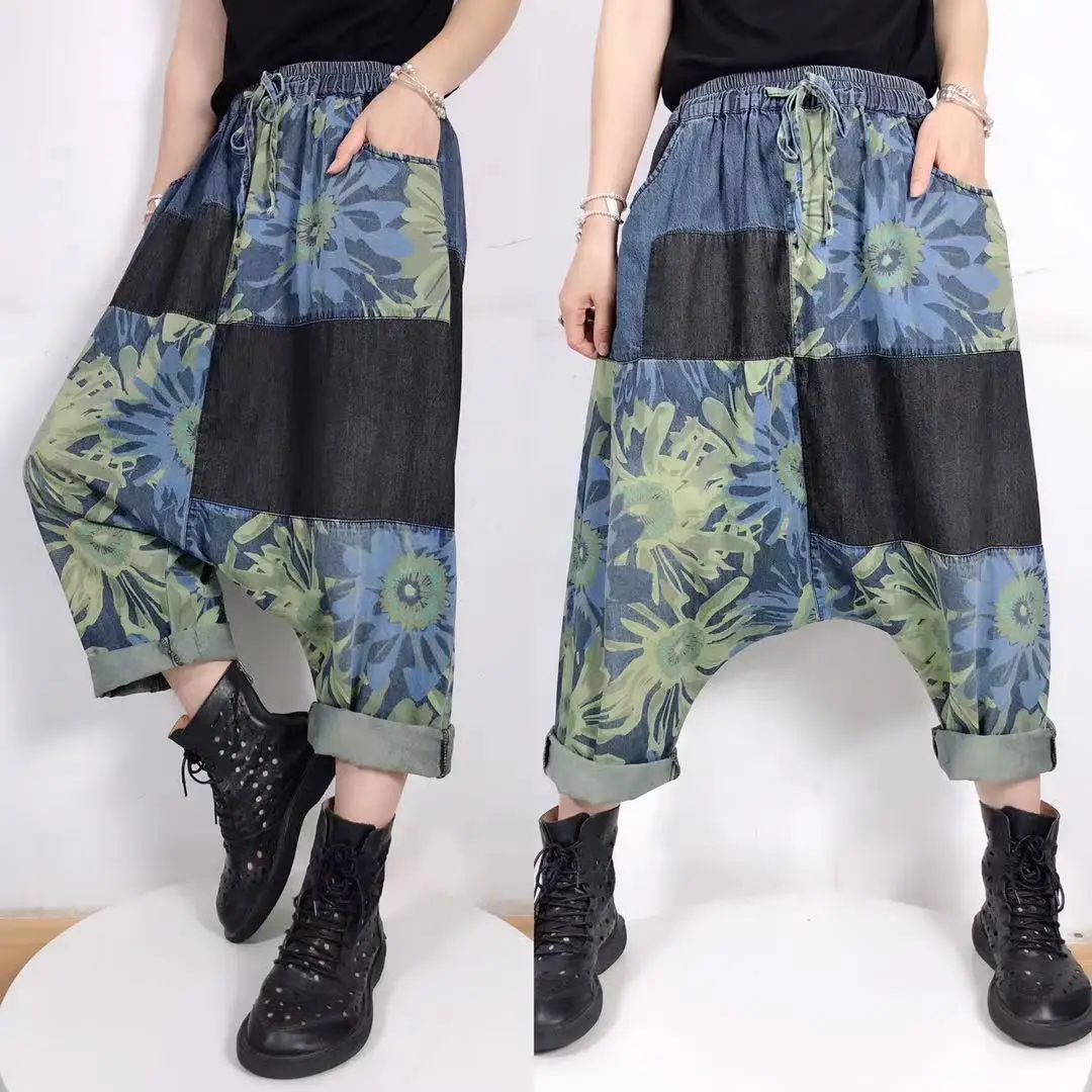 

Print Denim Cross-pants Woman Japan Style Elastic Waist cowboy Trousers Baggy Low Crotch Bloomers Oversized Boyfriend Jeans