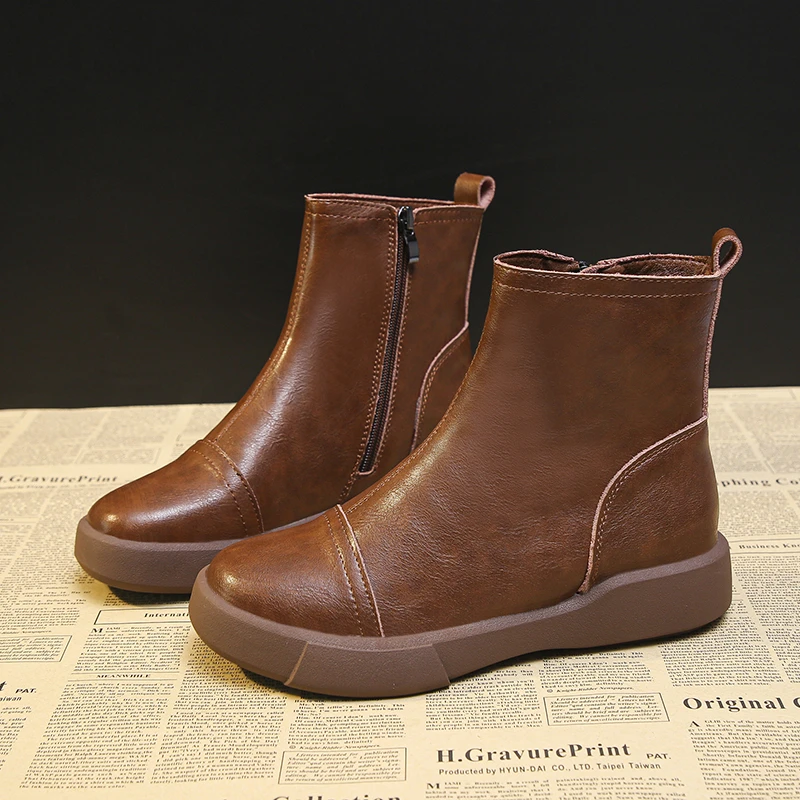 

Fashion Zipper Women's Shoes Fashion Ankle Boots Ladies Slip on Autumn Shoes for Women Solid Retro Flat with Short Plush Shoes