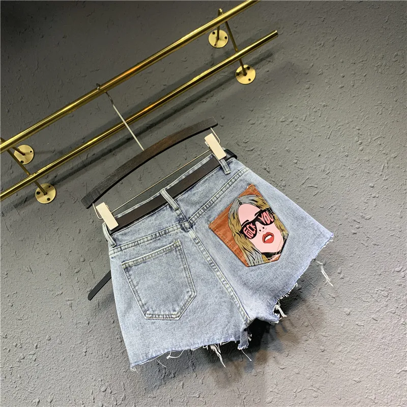 

Woman Jeans Short Loose High Waist Wide-leg Denim Shorts European Style Printed Ripped Hole Casual Female Shorts 2020 Fashion
