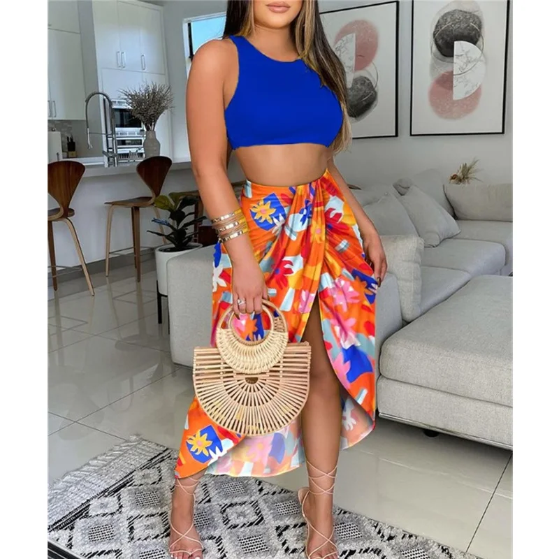 

Round Neck Plain Tank Top and High Slit Long Skirt Suit 2021 New Fashion Ladies Summer Beach Two-piece Suit