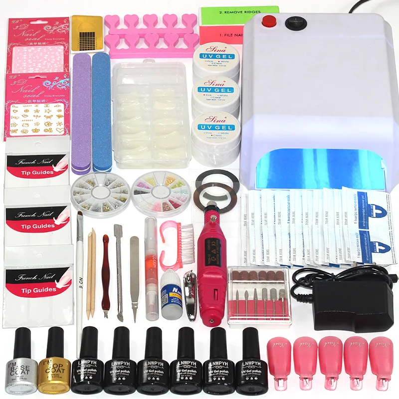 36W UV lamp Набор для ногтей, 6 цветов, впитывающий гель для ногтей, верхнее покрытие, комплект гель-лаков для ногтей, маникюрный набор для полировки ногтей, набор электрических ручек для маникюра - Цвет: 36W UV lamp