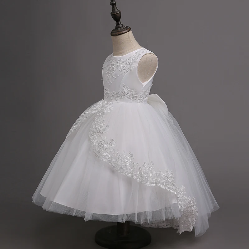 Menina de Casamento Formal sem Mangas Crianças Flor Menina Casamento Bola Vestido Arco Frisado Branco Renda Applique 4 14 Anos Adolescentes