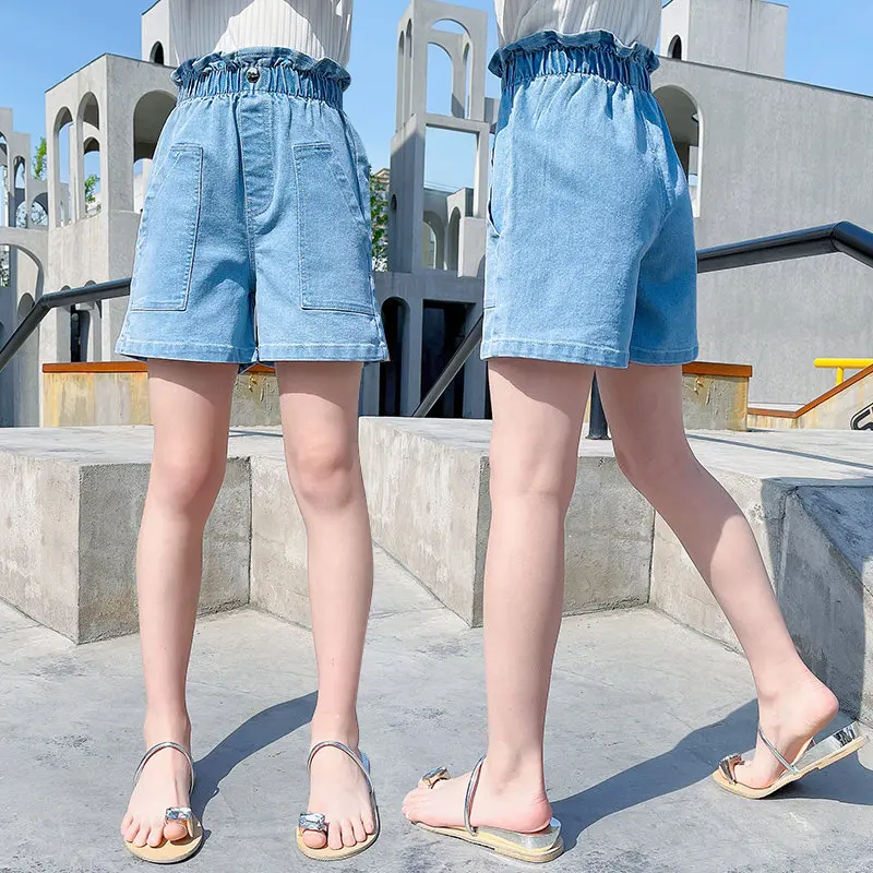 

Big Girls Denim Blue Color Short Jeans Kids Elastic Waist Shorts Pants Teenager Summer Casual Short Pants 5 7 9 11 12 14Years