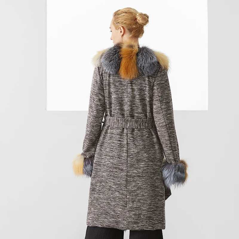 

Real Fox Fur Winter Warm Long Fur Coat Jacket Ladies Luxury Elegant Beige Brown Double-breasted Casual Fox Fur Coat