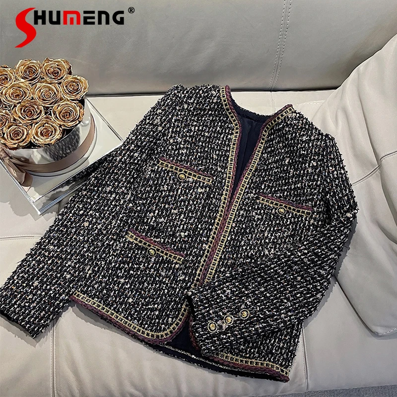 

Женское шерстяное короткое пальто в клетку, элегантное твидовое пальто с блестками и цепочками, уличная одежда черного цвета, осень 2021