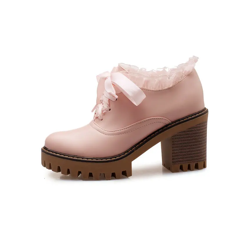 Женские тонкие туфли QUTAA на платформе шнурках высоком квадратном каблуке с