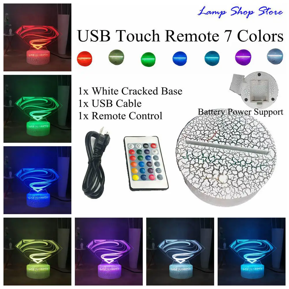 W-USB Remote 7 color Светодиодный Ночной светильник с логотипом Супермена, символ Marvel, RGB, многоцветная USB, мини-Сенсорная 3D визуальная настольная лампа, вентиляторы фильмов, Подарочная игрушка - Испускаемый цвет: W-USB Remote 7 color