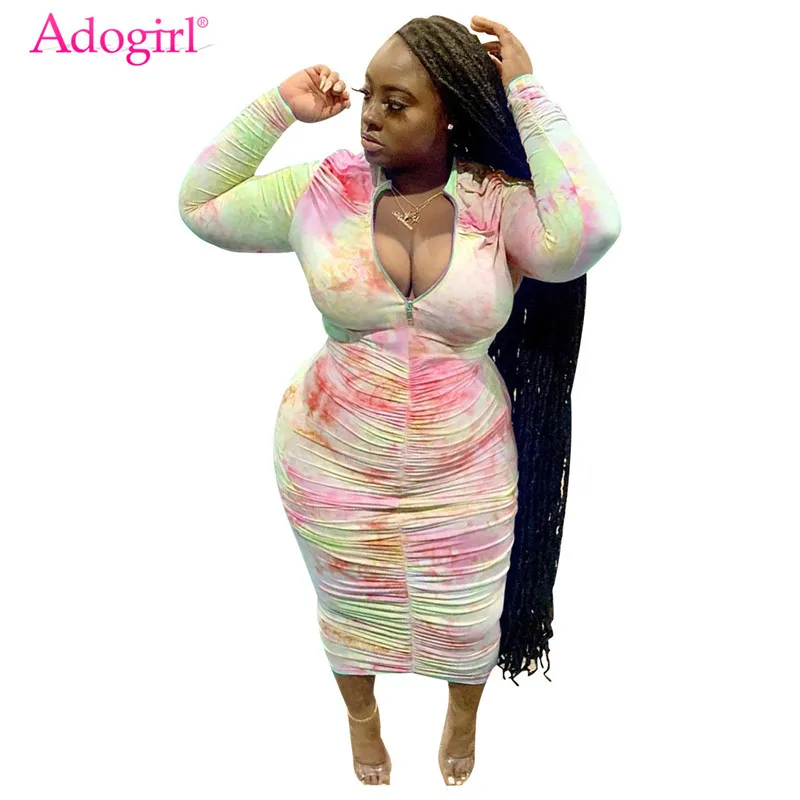 

Adogirl XL-4XL Tie Dye Print Plus Size Women Dress Zipper V Neck Long Sleeve Ruched Bodycon Midi Dresses Club Party Vestidos