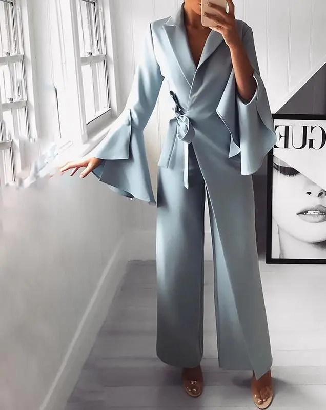 

2021 Autumn Women Fashion Elegant Long Sleeve Workwear Formal Party Romper Irregular Flared Sleeve Knot Side Wide Leg Jumpsuit