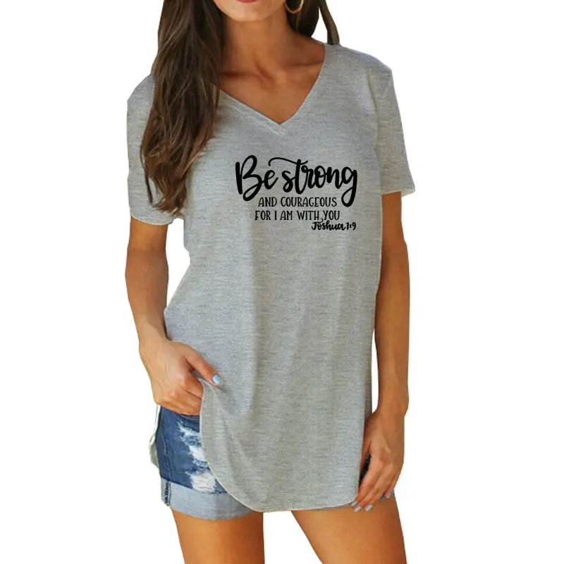 

Be Strong Courageous Christian Women Summer T-Shirt Short Sleeve V-Neck Harajuku Aesthetic Religious Hipster Graphic Tees Jesus