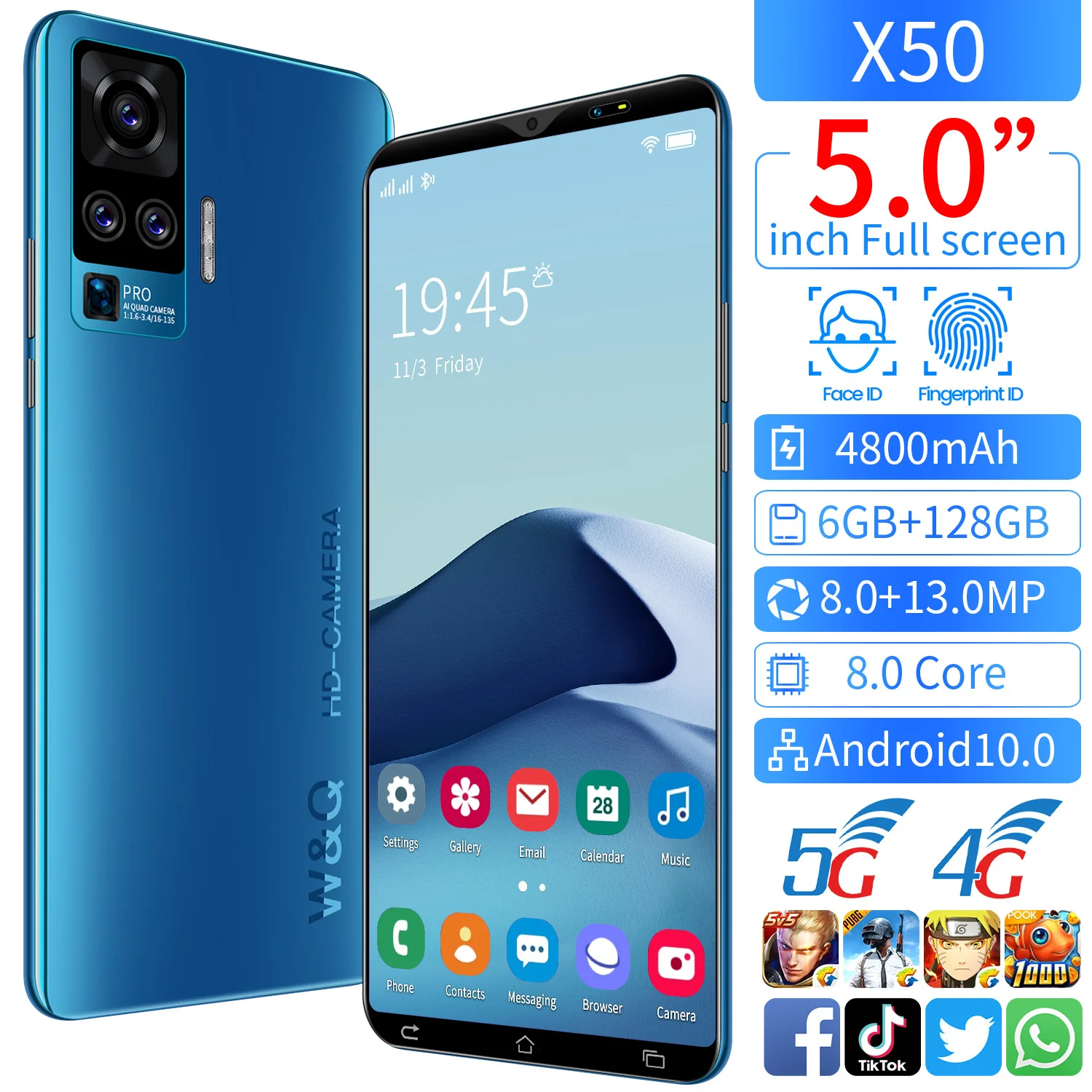 

Global Version X50 5G Smartphone 6GB 128GB 5.0'' HD Screen 4G Cellphone 8+13MP 8 Core Mobile Phone 4800mAh Face Fingerprint ID