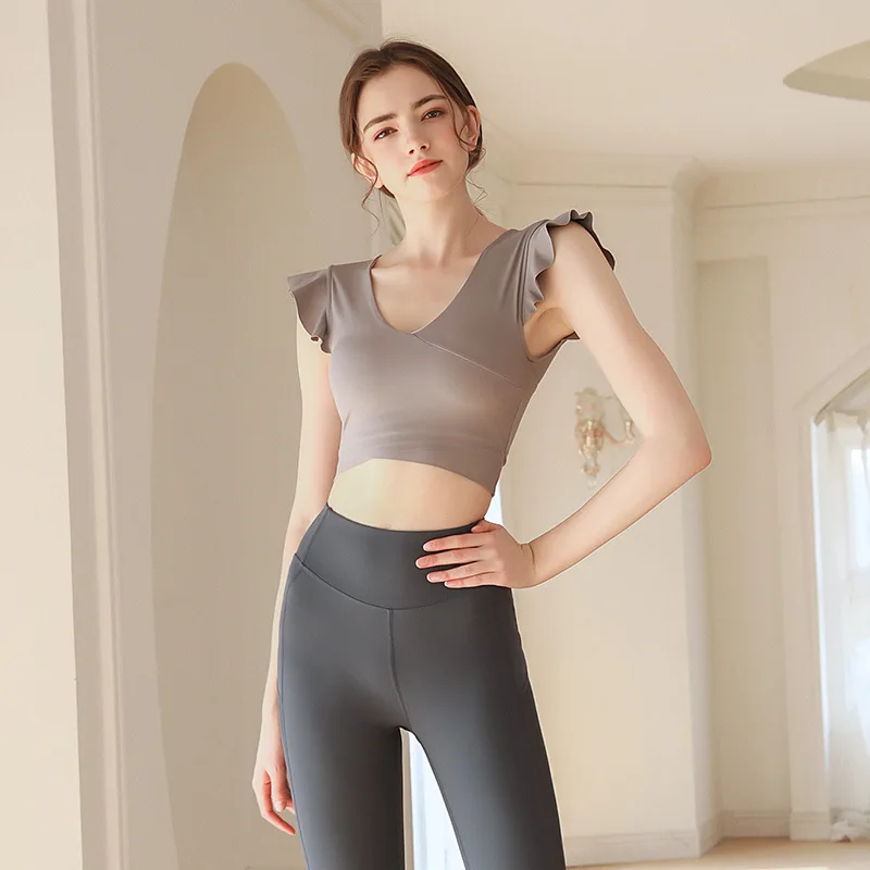 Одежда для йоги женские топы с листьями лотоса сетчатые красные короткими