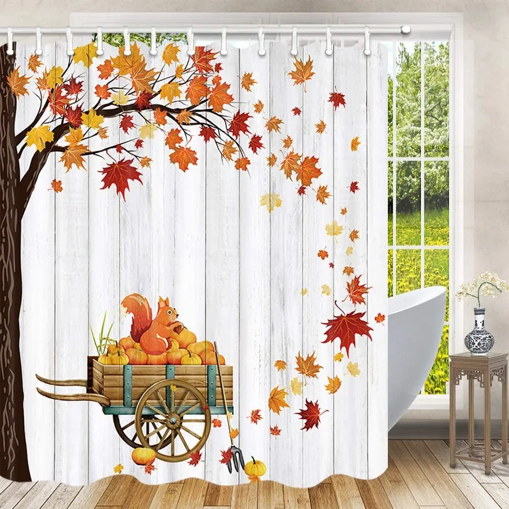 

Fall Shower Curtain Autumn of Maple Leaves on Farmhouse Rustic Wooden Pumpkin Thanksgiving bathroom Curtain Set Cute Squirrel