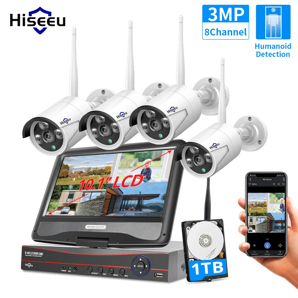 Hiseeu 3MP 8CH Беспроводной набор камер наблюдения 10 1 "ЖК дисплей монитор 1536P уличная