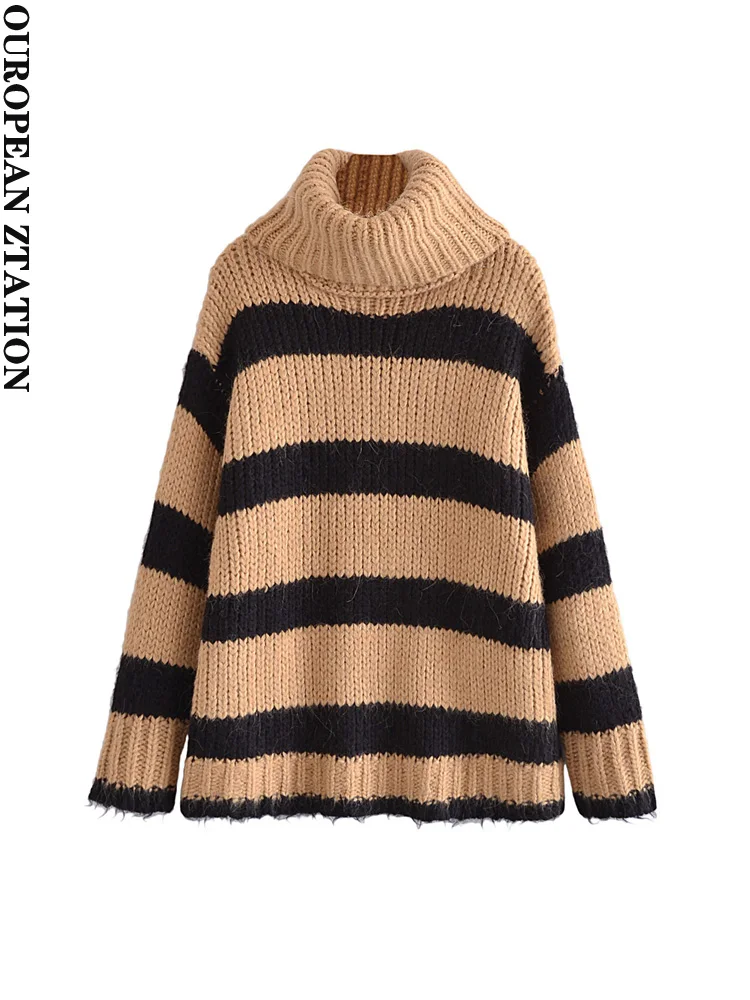 

Женский свободный вязаный свитер za, плотный теплый винтажный пуловер в полоску с высоким воротником и длинным рукавом, шикарные топы, 2021