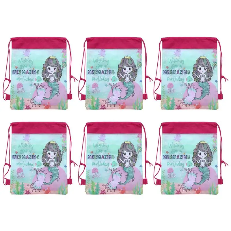 

6pcs Drawstring Bag Children Casual Mermaid Pattern Backpack Storage Bag Shopping Bags Organizer for Travel Home Outdoor