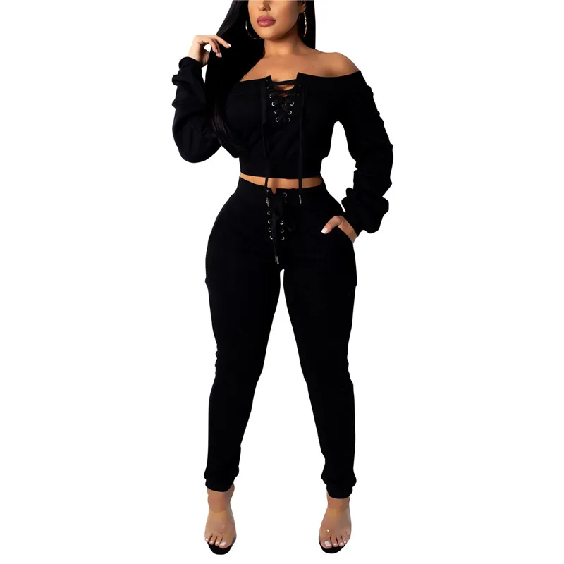 

Off Shoulder Bandage Bodycon Casual Matching Sets Women Long Sleeve Autumn 2021 Crop Top And Elastic Pants Two Piece Outfits