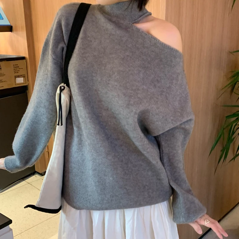 

Sexy Off-Shoulder Knitted Women Sweater Fashion Loose Half High Neck Pullover Woman Autumn Korean Style Simple Solid Ladies Tops