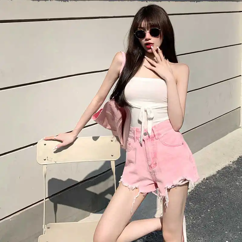 

Basic Summer Denim Shorts Women 2021 Korean Style Casual High Waist Cuffed Tassels Ripped Holes Pink Jeans Shorts Female Bottoms