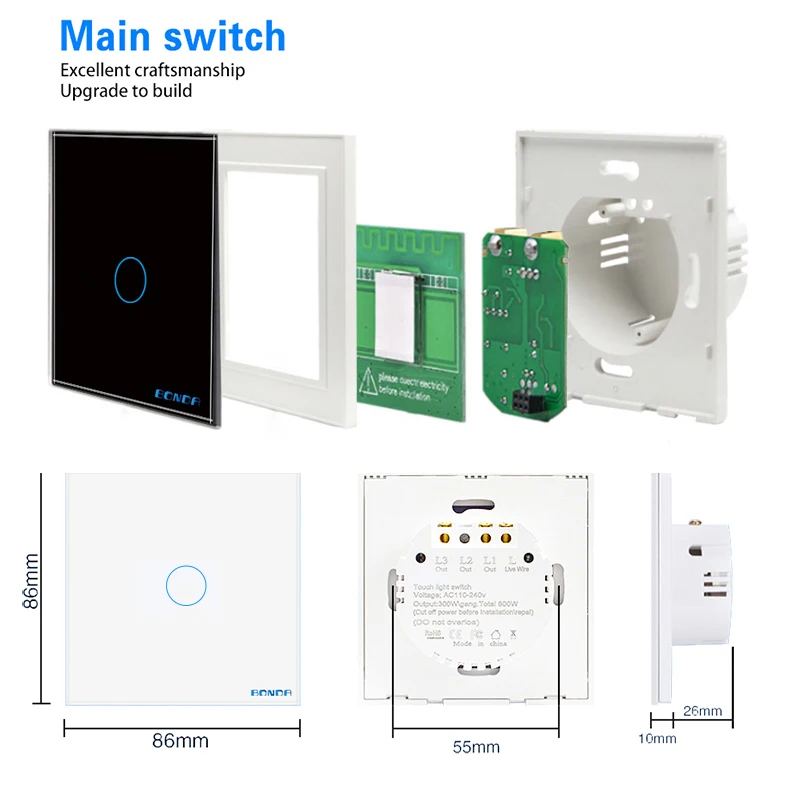 

BONDATouch switch EU standard, wall switch white crystal tempered glass panel, wall light switch touch screen, 1 set, 1 channel