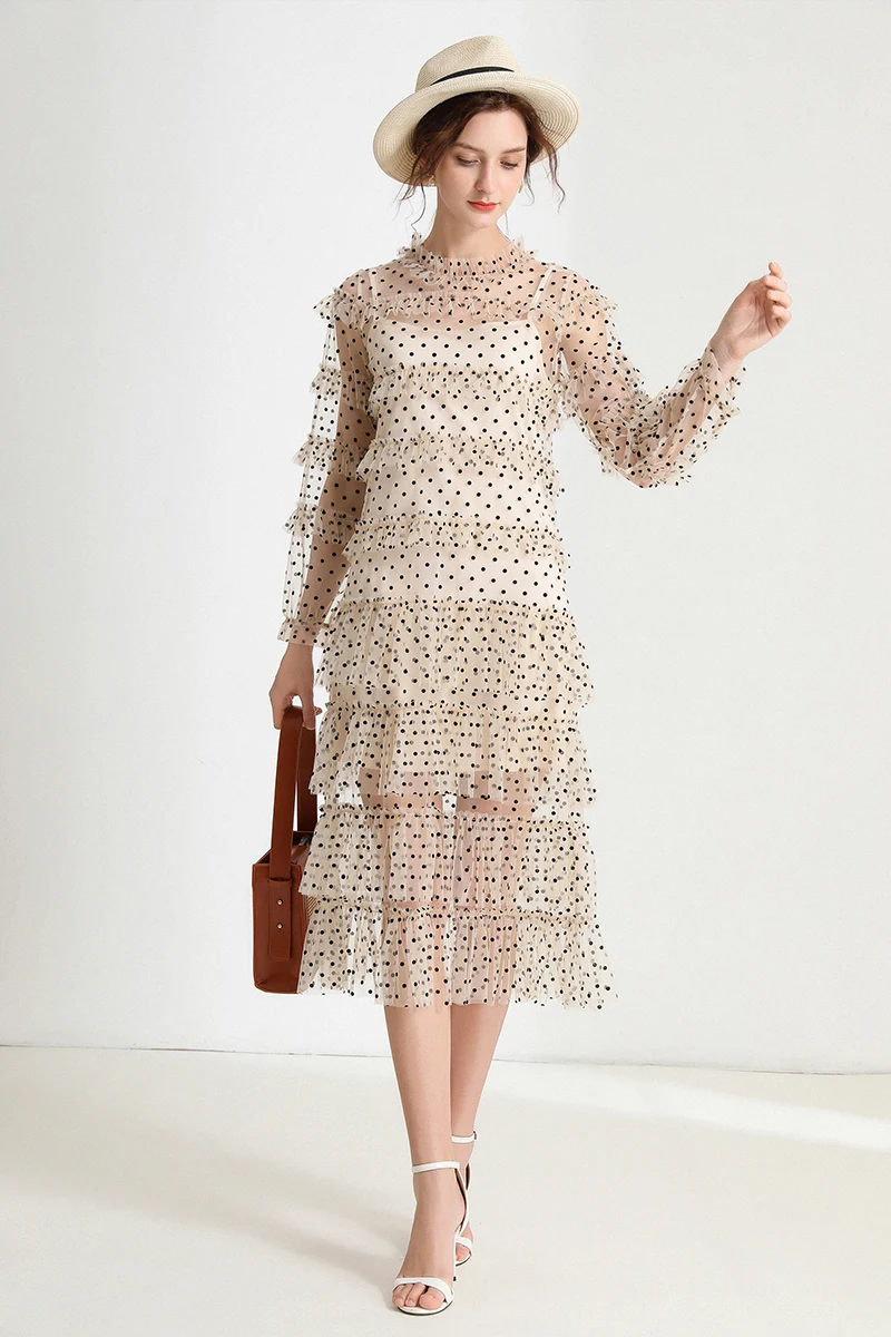 

Summer 2020 Mesh Sweet Beautiful Cake Long Dress Women Vintage Polka Dot Full Sleeve Perspective Tulle Sexy Elegant Dress New