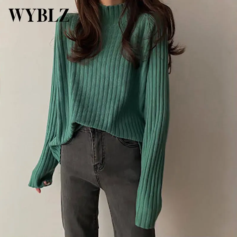 

WYBLZ Casual Loose Women's Knitted Sweater Half High Collar Long Sleeve Pullover Top Female Solid Sweater 2021 Korean Fashion