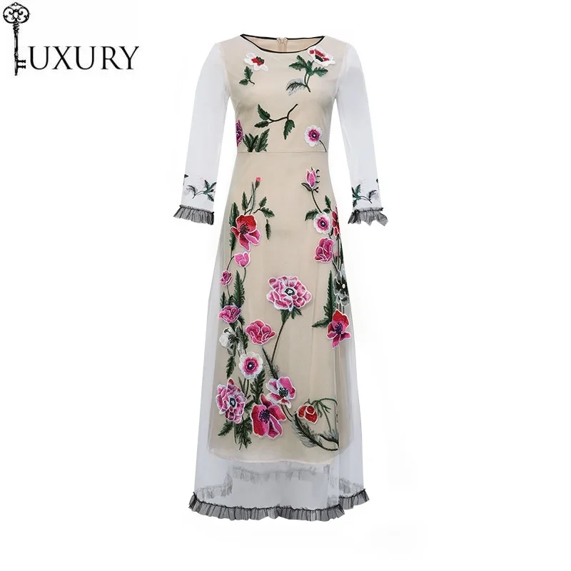 

Spring Vintage Retro 2020 Party Club Women Charming Flower Patterns 3/4 Sleeve Mid-Calf Length Sexy Tulle Mesh Dress XL