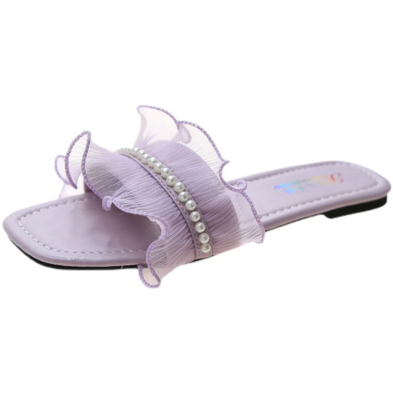 

Slippers Women Summer Lace Flat Shoes Female Pantofle Slides Fashion String Bead 2021 Soft Luxury Rubber Scandals Fabric PU Basi