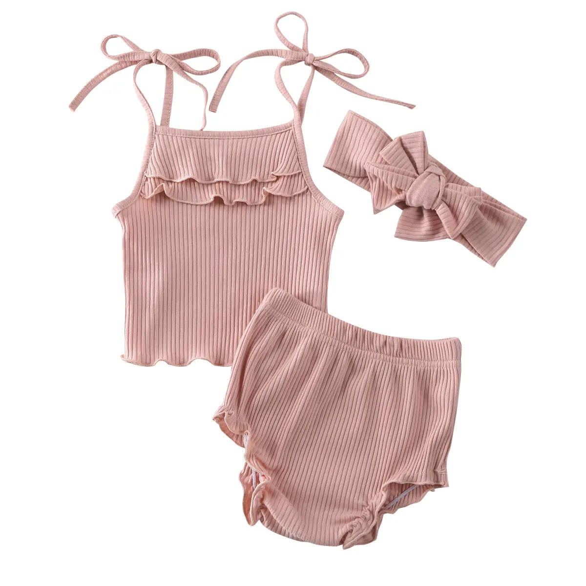

Baby Summer Clothing Newborn Infant Baby Girl Knitted Clothes Ruffled Vest Top Shorts Headband 3Pcs Ribbed Outfit Set