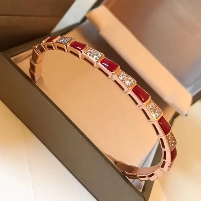 

Fine Jewelry1:1 LOGO Vintage Roman Rose Gold Color Shining Red Stone Snake Bone BVL Bracelet Popular Brand Woman Birthday Gift