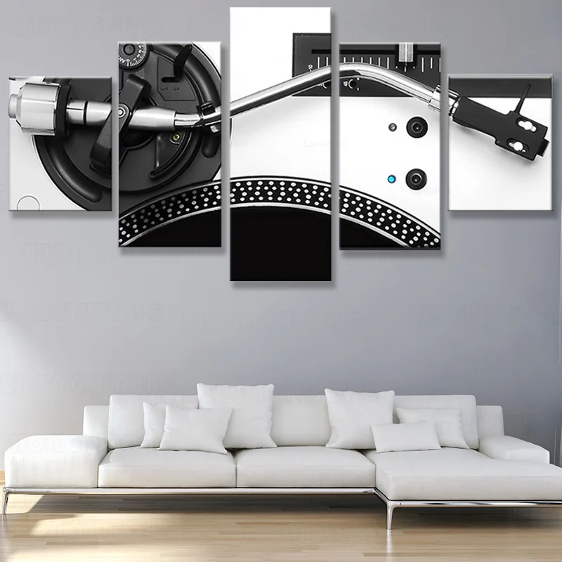 Современные картины для спальни с изображением диджейского микшера и проигрывателя пластинок, 5-панельная холстовая декорация на тему вечеринок.