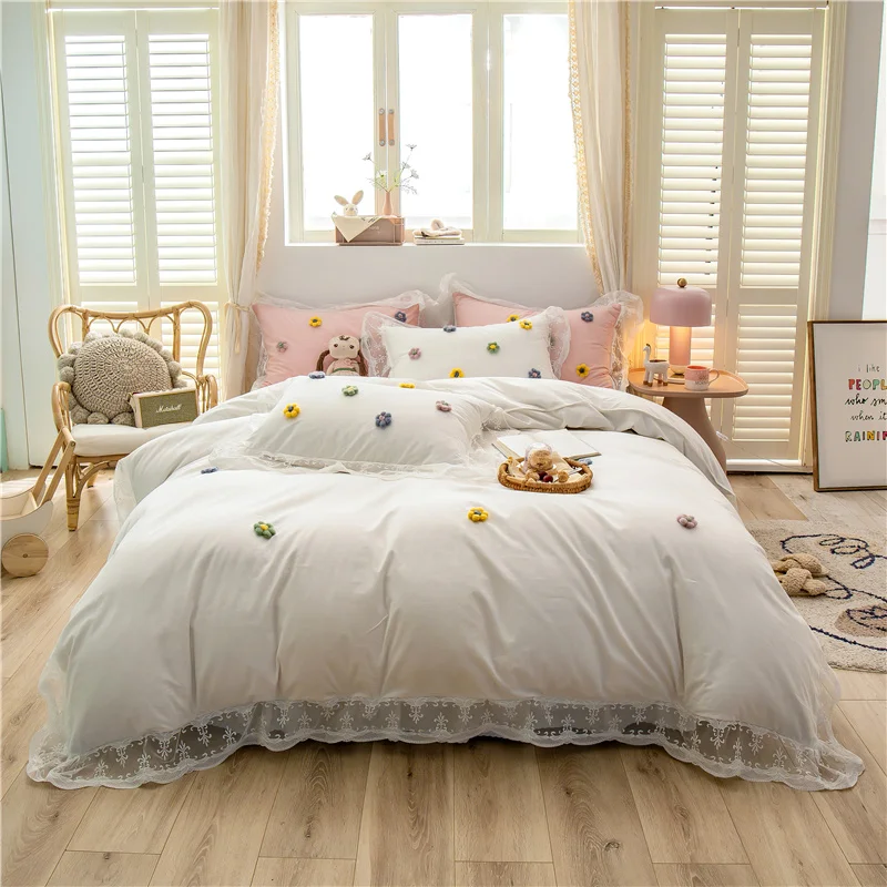 

Princess Style Lace Bed Skirt Cotton Bedding Set Duvet Cover Set Bed Linen Pillowcase Fitted Sheet HomeTextile 1.5m 1.8m 2m bed